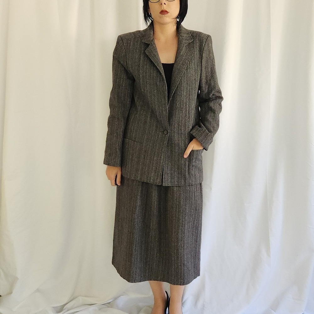 80s Gray Herringbone Skirt Suit